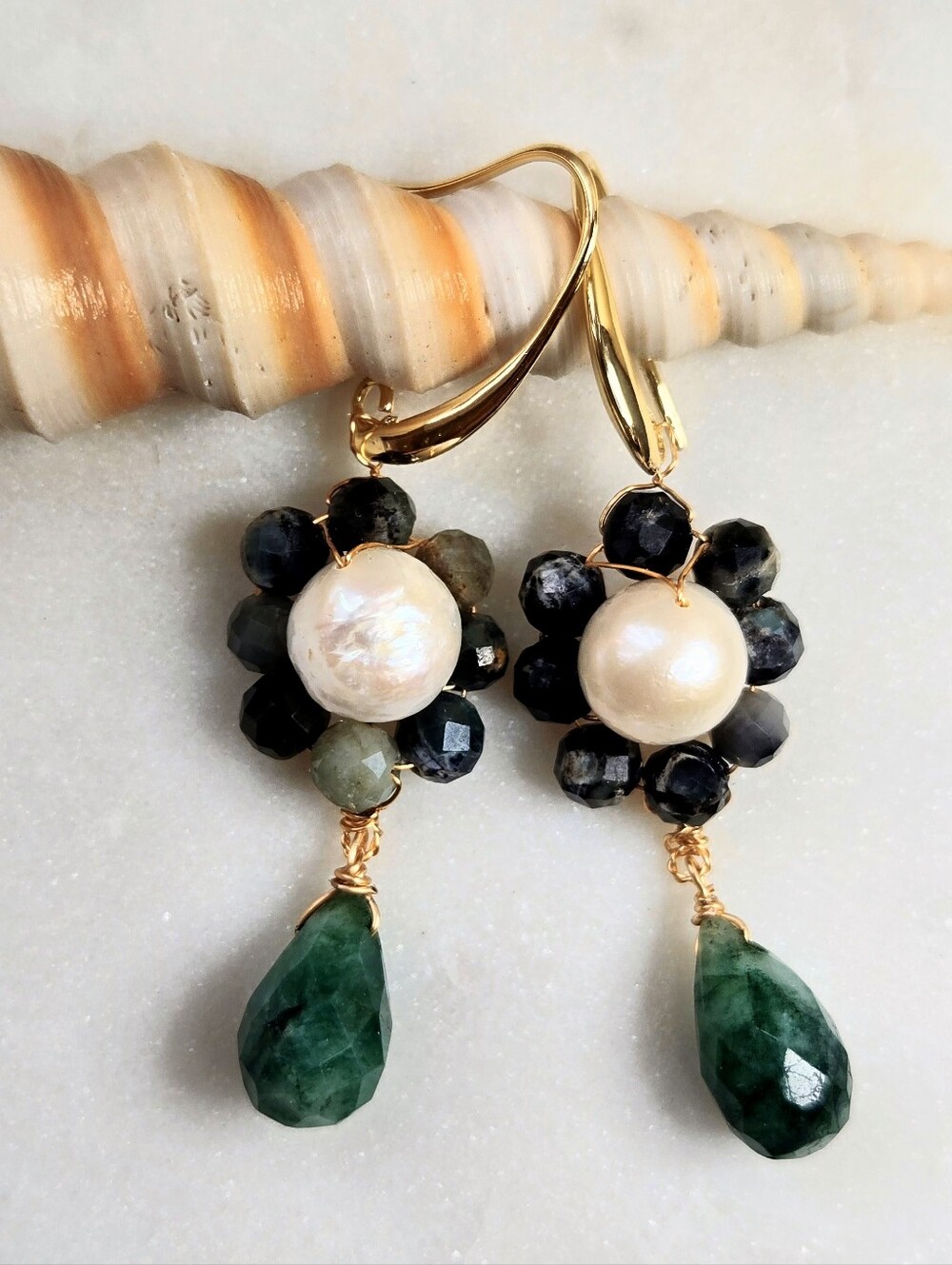 Artisan-Made Natural Madagascar Emerald & Baroque Pearl In Flower Earrings